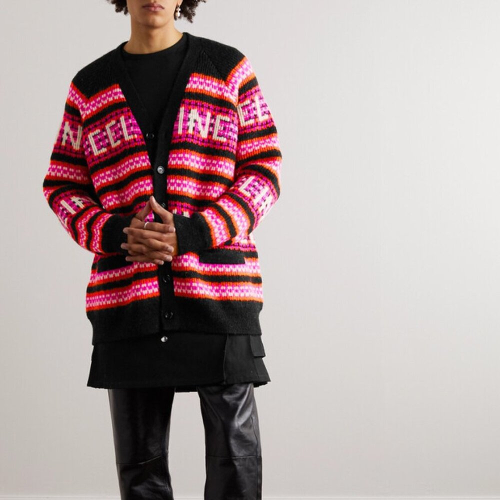 Celine Pink Striped Jacquard-Knit Wool Ski Cardigan